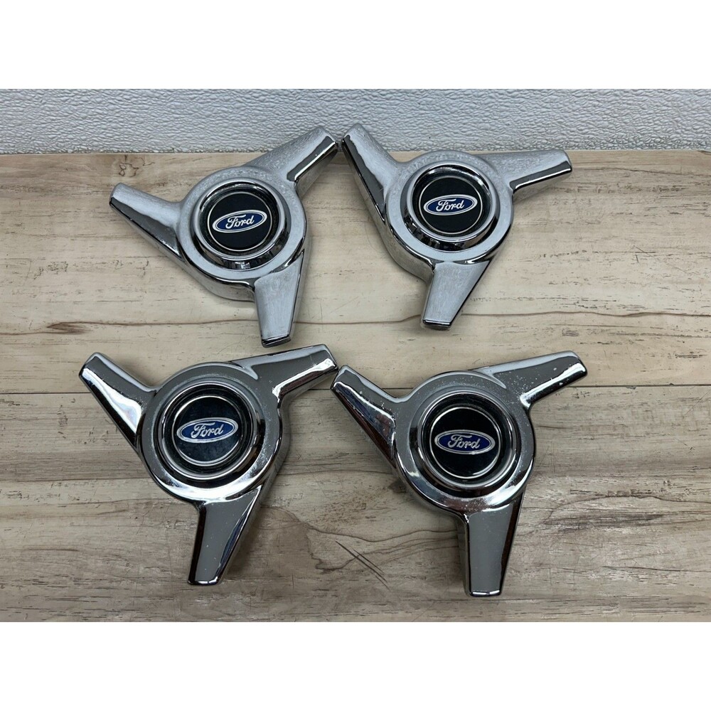 Vintage Ford Chrome Set Of 4 Center Cap Spinners Tri-Spoke Bar